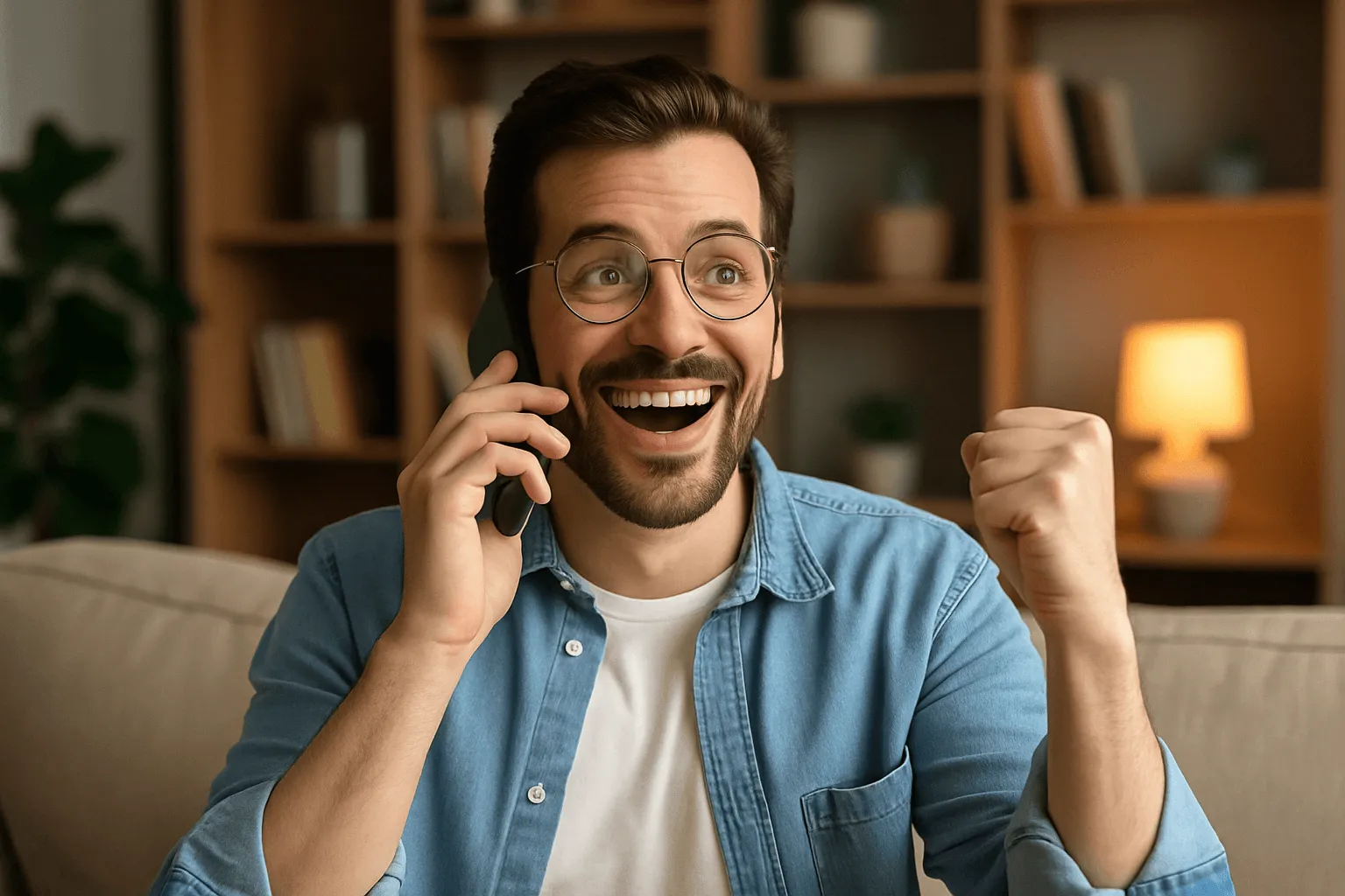 Szczęśliwa osoba odbierająca telefon z informacją o wygranej