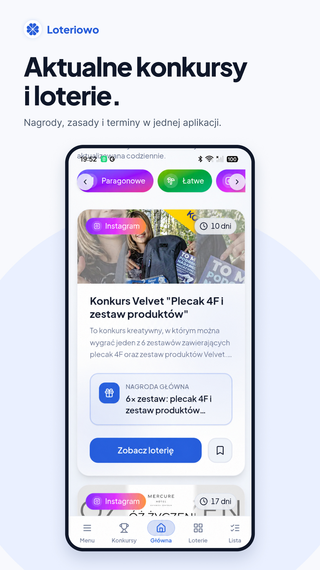 Lista konkursów w wydanej aplikacji Loteriowo na Androidzie