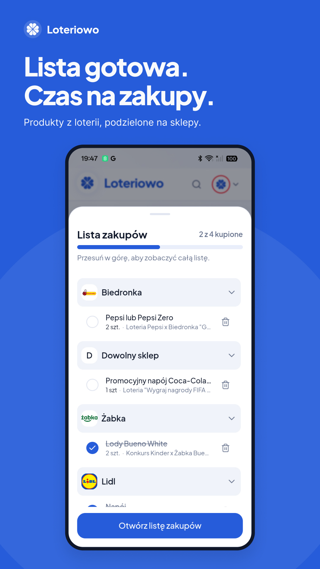 Lista zakupów z produktami podzielonymi na sklepy w aplikacji Loteriowo